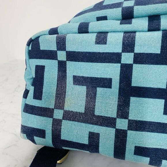 TOMMY HILFIGER Dome Backpack 17" Monogram Logo Navy Teal Canvas Preppy Bag VGUC - Picture 5 of 12
